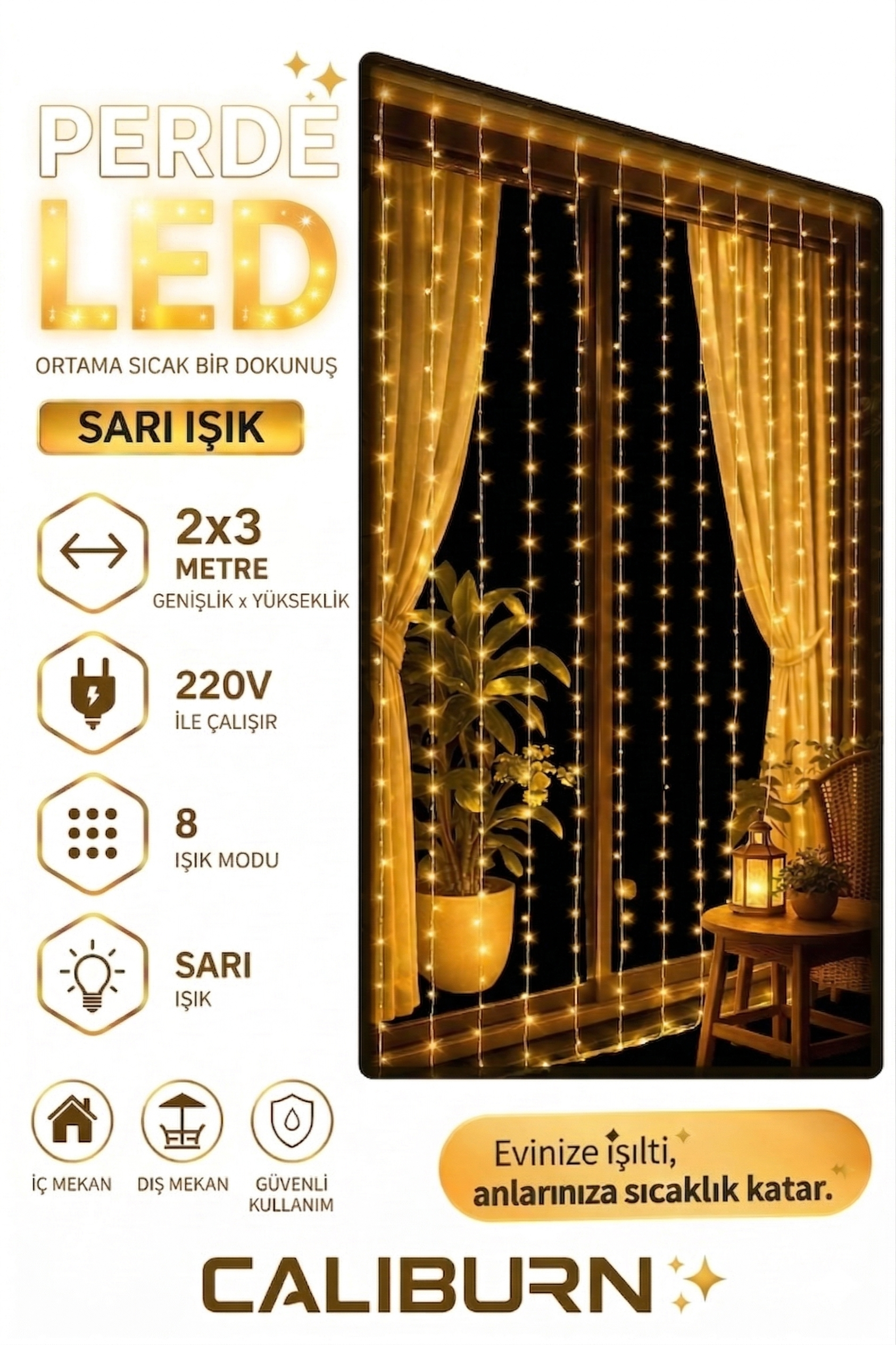 3x2m Premium Perde LED - 8 Fonksiyonlu, Su Geçirmez İç Dış Mekan Teras Dekor Işıkları